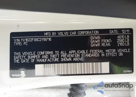 2012 Volvo S60 T5 z USA, uszkodzony, nr VIN YV1622FS6C2119716